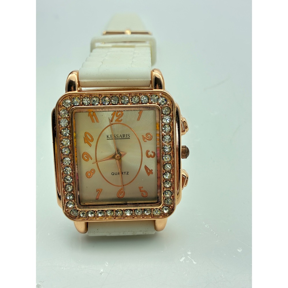 Kessaris Women Quartz Watch Rose Gold Tone Rhinestone Square  White Strap